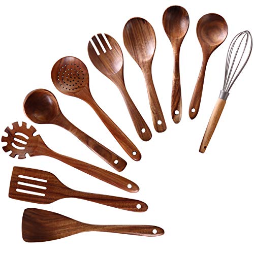 NAYAHOSE Cucharas de madera para cocinar, utensilios de madera para cocinar, 10 cucharas de madera de teca natural, juego de utensilios de cocina antiadherentes con agarre cómodo