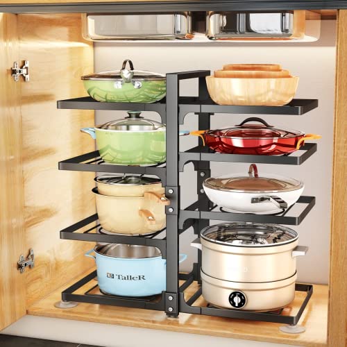 Organizador Sartenes, SAYZH Soporte para Ollas y Sartenes de Altura Ajustable y Desmontable de 8 Niveles para Almacenar Ollas y Sartenes, Tapas de Ollas, Platos, Inoxidable, Doble Cara, Cuadrado Negro