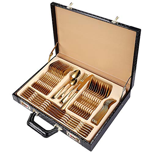 Cubertería juego de 12 cubiertos de acero inoxidable de grado alimenticio, pulido fino, incluye cuchillos, tenedores y cucharas, para el hogar, hotel, restaurante, caja de cuero (dorado, 48 piezas)