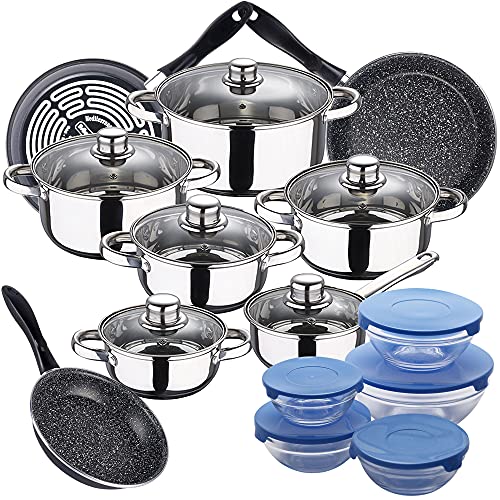 Bateria de cocina 12 piezas SAN IGNACIO Cassel, acero inoxidable, con juego sartenes (18/20/24 cm) acero esmaltado y 5 boles con tapas