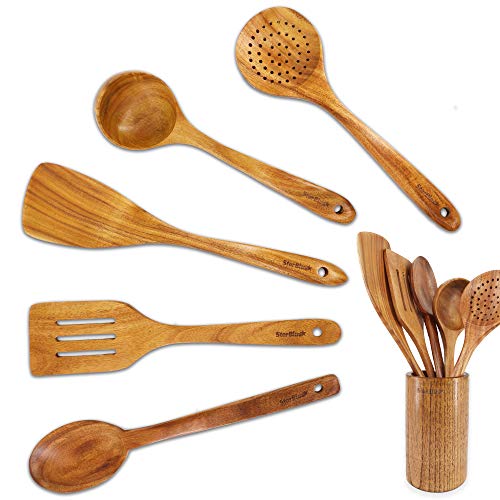 Starblue - Juego De 6 Utensilios De Cocina De Madera De Acacia, Espátulas Duraderas Y Antiarañazos Para Utensilios De Cocina Antiadherentes, Respetuosas Con El Medio Ambiente Y Ergonómicas