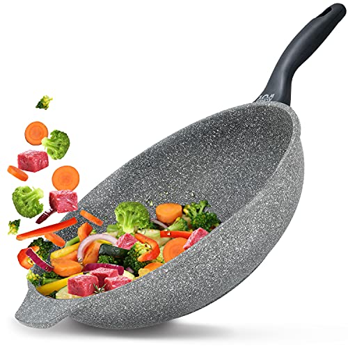 Sarten Wok Antiadherente de Aluminio Fundido, Wok Sartenes Antiadherentes 32 cm Ø | Wok Vitrocerámica o Sarten Wok Induccion Tipo Cazuela | Wok Profesional Incluso para Cocina de Granito, Piedra