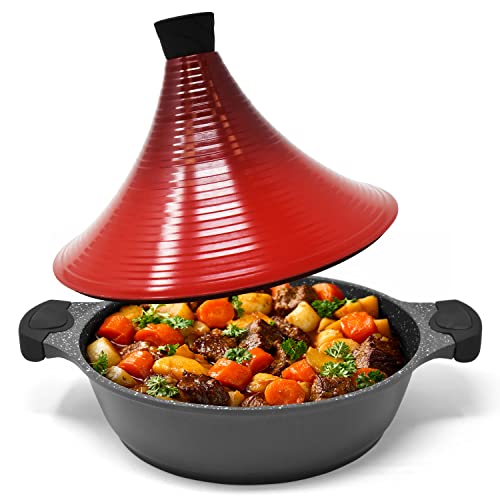 Joejis Olla tajine marroqui induccion de aluminio, tajine electrico base de acero, olla tajine induccion antiadherente de 28 cm, tagine marroqui para cordero, cerdo, aves, pescado tajin marroqui
