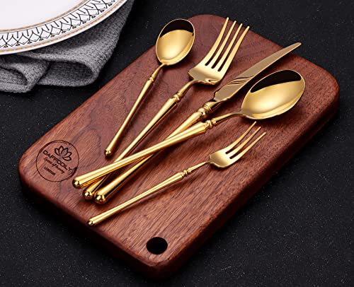 DAFFODILY | Juego de cubiertos de lujo de 20 piezas. Cucharas, cuchillos y tenedores cubiertos | Vajilla de acero inoxidable 18/10 martillada. Cuchillo afilado con acabado espejo apto para