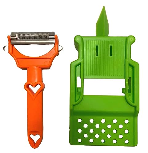 Pelador de corazones, pelador de verduras con cortador en juliana, plato rebanador/verde y soporte para sobras con protector de dedos/en rojo