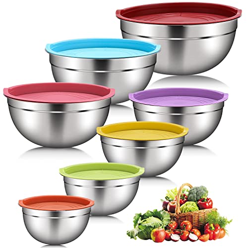 Daiweier Juego de Cuencos para Mezclar, Juego de 7 Cuencos de Ensaladera de Acero Inoxidable, Bol de Cocina, Apliables Cuencos de Preparación con 7 Tapas de Silicona Reutilizables y Antideslizantes
