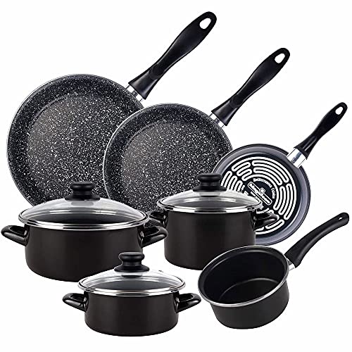 Magefesa Batería 10 piezas cacerolas diámetro16 y diámetro20 tapas, olla diámetro16 tapa y cazo de diámetro14, y 3 Sartenes diámetro 18 diámetro 20 y diámetro 24 cm, acero vitrificado