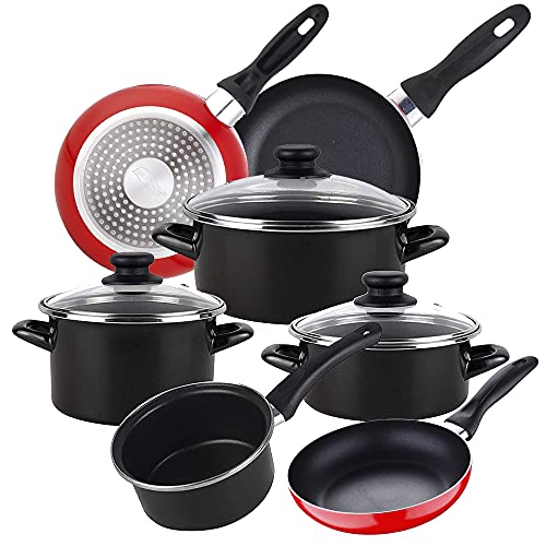 Magefesa Bateria de cocina 7 piezas MAGEFESA Kenia de acero vitrificado con juego de sartenes (16/20/24 cm) Navy Red en aluminio prensado