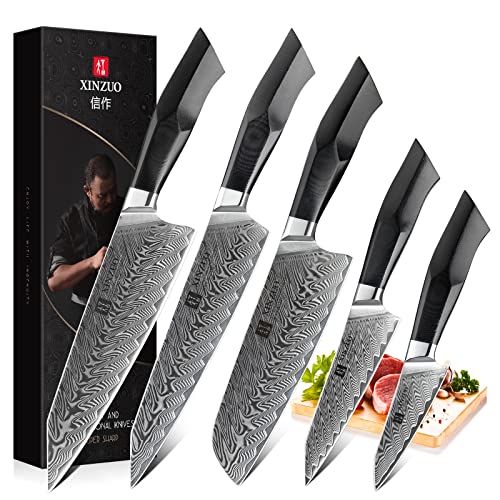 XINZUO Acero de Damasco 5 Piezas Juegos de Cuchillos de Cocina,Cuchillo de Estilo Japonés Profesional,Acero de Alto Carbono Cuchillo Chef Santoku Carne Universal Fruta,Mango Negro G10 -Serie Feng