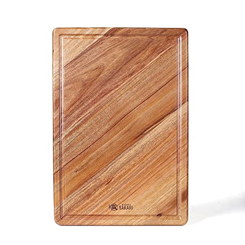 MITSUMOTO SAKARI 42 x 28,5 x 2,3cm Tabla Cortar Cocina de Madera de Acacia, Tabla de Cortar Profesional de Grano de Madera Natural, Tabla Madera Cocina Duradera (con Ranuras a Prueba de Derrames)