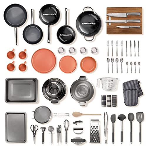 Noah Kit de Cocina Premium con Más de 70 Artículos con Sartenes Azul y Vajilla Rosa - Includye Ollas y Sartenes Antiadherentes,Bandejas para Hornear, Utensilios de Cocina, Cubiertos