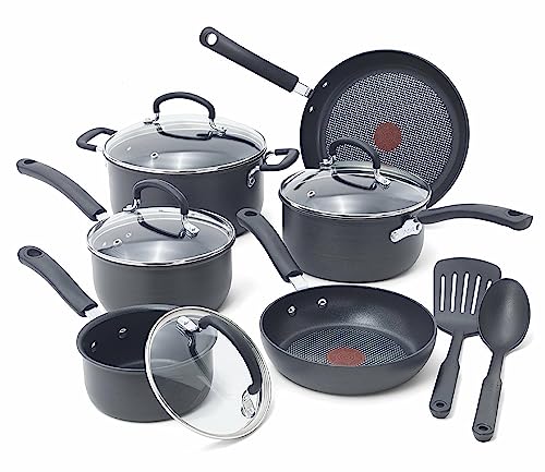 T-fal E918SC64 Ultimate Hard anodizados conjunto 12pc - 8 y 10.25in. fritada, salsa COVD 1-2-3QT, 5qt COVD holand-s, 2 herramientas