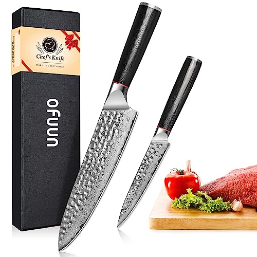 oFuun Juego de Cuchillos de Cocina, 2 Piezas Cuchillos Japones Profesional Acero de Damasco de 67 Capas-19,3cm Cuchillo Chef, 12,5cm Cuchillo Pelador de Fruta - Serie Loyal