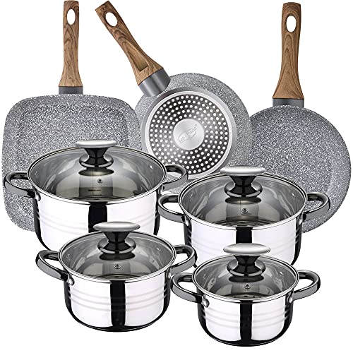 Bateria de cocina 8 piezas SAN IGNACIO Dina, acero inoxidable, con juego sartenes (18/22 cm) y grill 28x28 cm SAN IGNACIO Daimiel en aluminio forjado
