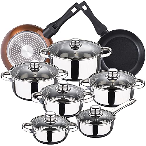 Bateria de cocina 12 piezas SAN IGNACIO Cassel, acero inoxidable, con juego sartenes (22/26 cm) BERGNER Brown Neon en aluminio forjado