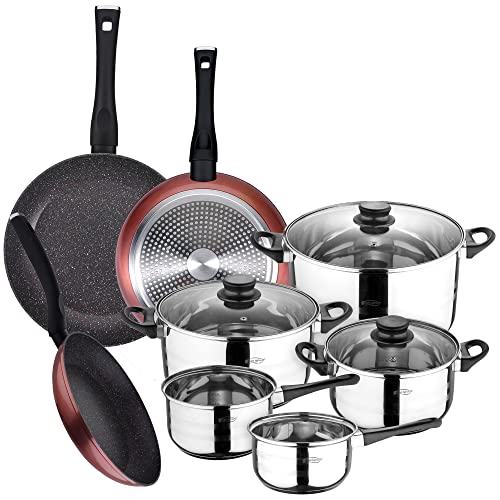 PACK DE 3 SARTENES Ø20/24 y 28 cms + BATERÍA DE COCINA DE 8PC EN ACERO INOXIDABLE