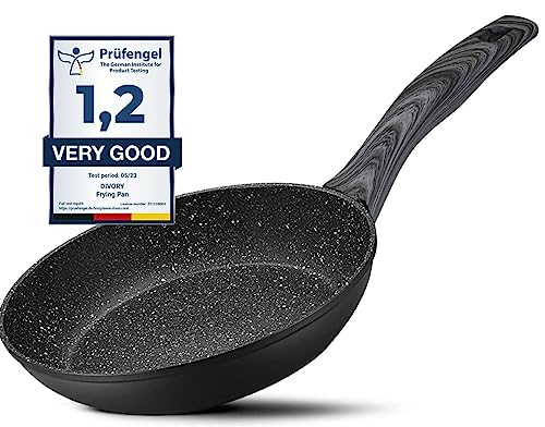 DIVORY Sartén16cm no inducción - Sartén pequeña universal con revestimiento antiadherente para todo tipo de cocinas - Asas seguras, apta (16cm, Aspecto madera oscura)