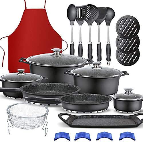 Gridinlux | Set de Cocina Titanio | 25 Piezas | 4 Tapas de Vidrio Templado | Aluminio + Titanio y fondo de piedra antiadherente | Base Multisuperficie incluida HORNO