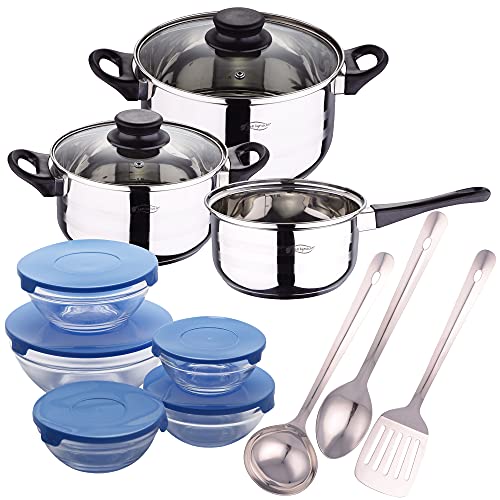 San Ignacio Batería de cocina 5 piezas (3 cuerpos y 2 tapas de vidrio) Set 3 utensilios de cocina acero inoxidable Set 5 boles de cristal con 5 tapas en azul