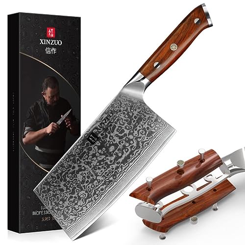 XINZUO Cuchillo Asiático Acero de Damasco, 18cm Cuchillo de Cocina Chino,Profesional Cuchillo de Carnicero,Afilado Hachas de Cocina Cuchillo para Verduras,con Rosewood Mango - Yu Serie