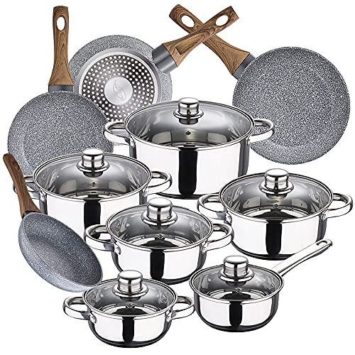 Bateria de cocina 12 piezas SAN IGNACIO Cassel, acero inoxidable, con juego sartenes (20/24/26/28 cm) SAN IGNACIO Granito en aluminio forjado