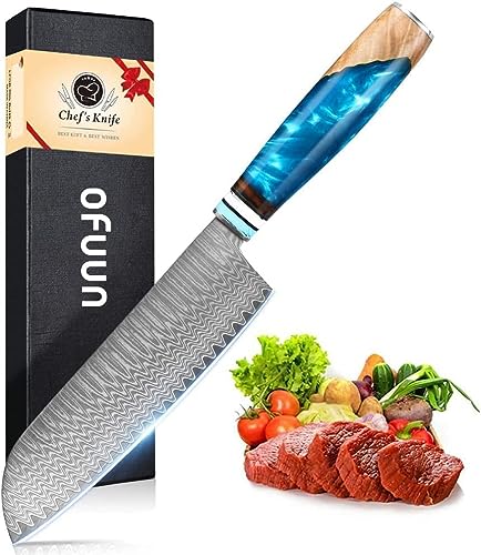 oFuun Cuchillo Santoku de Damasco, 17.5cm Cuchillo Chef Cuchillo Japoneses, 67 Capas Cuchillos Cocina profesional para Cortar Verdura, Fruta, Carne