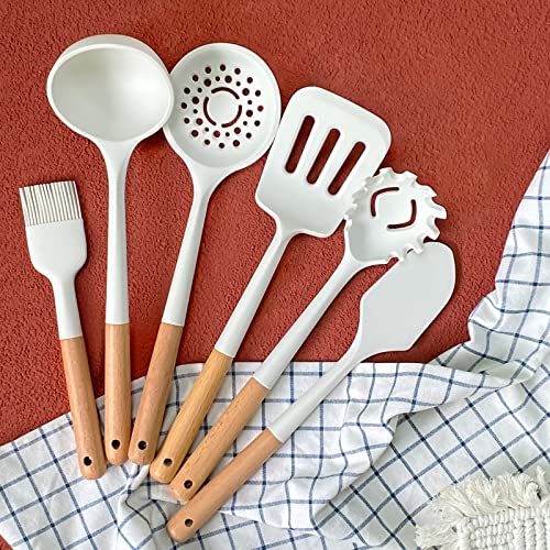 KAYRUK Juego de Utensilios de Cocina de Silicona, 6 Piezas de Utensilios de Cocina de Silicona Antiadherente de Grado Alimenticio con Mango de Madera de Haya, sin BPA (Blanco)
