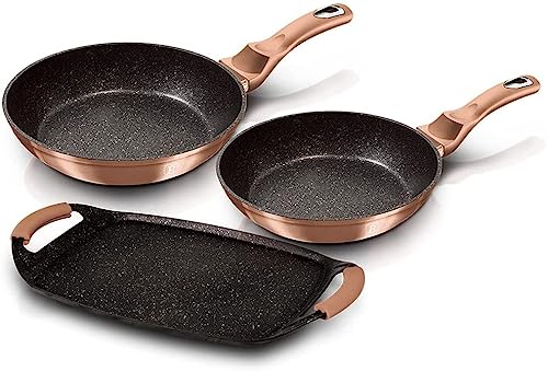Berlinger Haus, BH-1669, Rose Gold Juego 2 Sartenes 22-26cm y Plancha Asar Inducción 36x23cm, Aluminio Forjado, Antiadherente Ecológico Marmol sin PFOA, Vitrocerámica, Gas